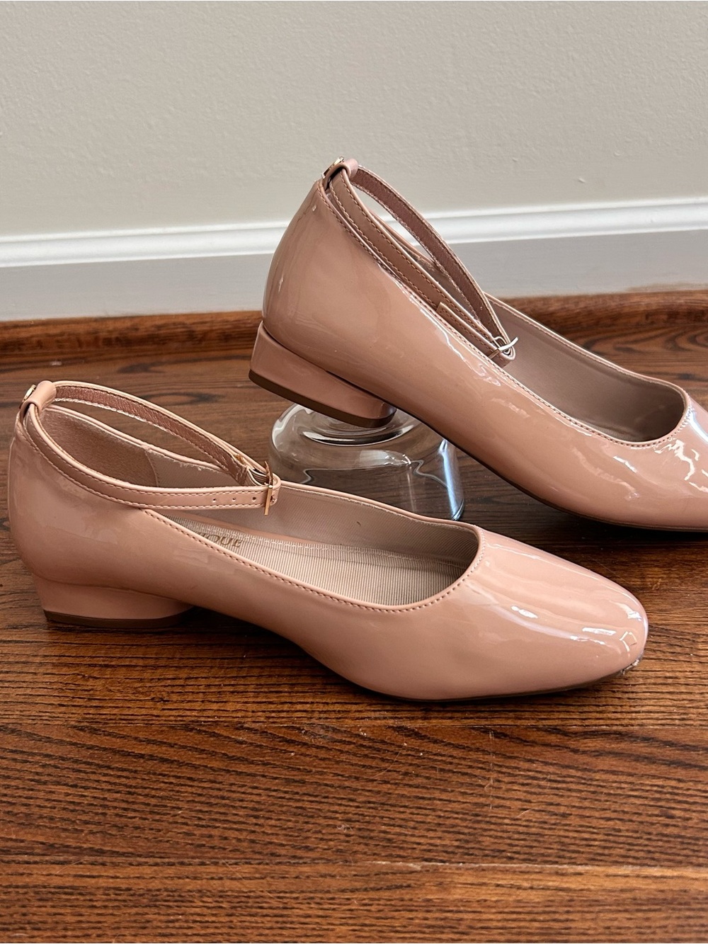 Classic Patent Ankle-Strap Ballet Flats in Blush Pink
